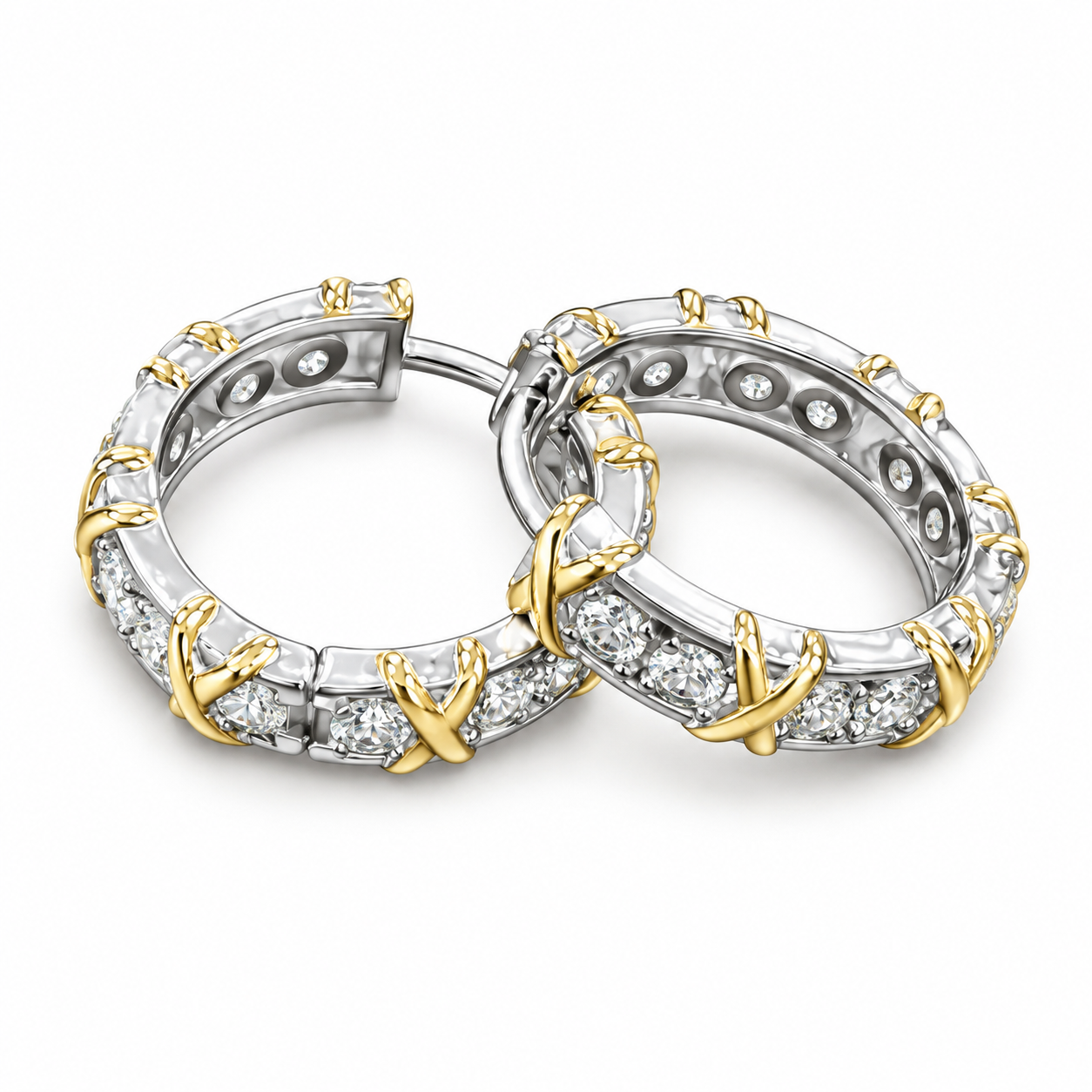 Two-Tone Diamond Accent X-Motif Hoop Earrings